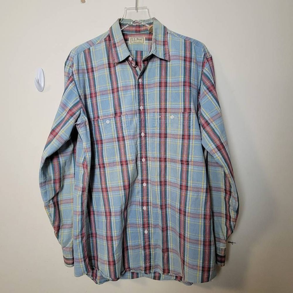 Vintage LL Bean Mens Canvas Shirt L Large Blue Plaid Long Sleeve Button Up